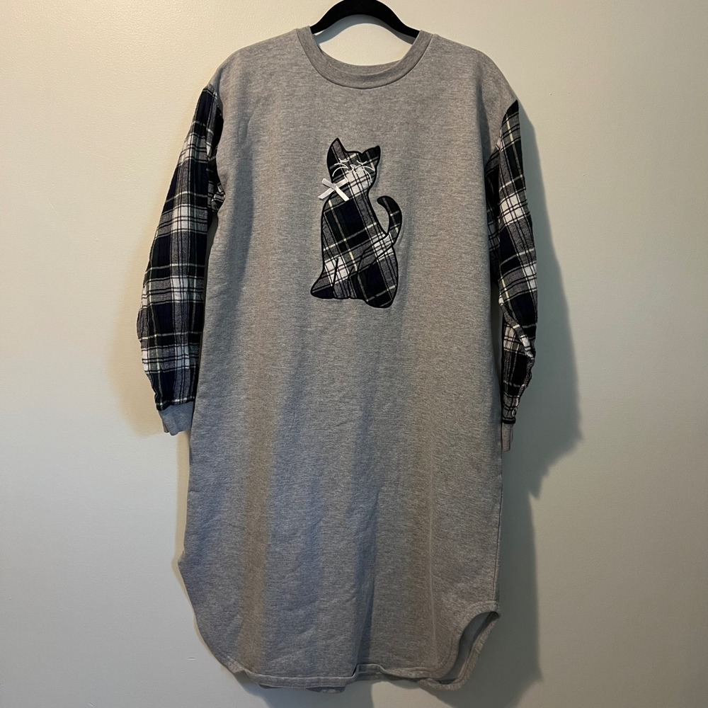 Metropolitan Gray Plaid Cat Sweatshirt Nightgown Lounge Dress Large Womens